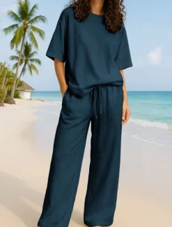 Discount Women's Active Basic Two Piece Sets Pants Sets Half Sleeve Crew Neck Solid Color Casual Daily Navy Blue Brown Green Summer Regular Fit Women Sets