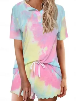 Clearance Women's Active Daily Stylish T Shirt Baggy Shorts Short Sleeve Crew Neck Tie Dye Drawstring Print Casual Daily Brown Rainbow Summer Regular Fit Women Two Piece Sets