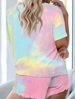 Clearance Women's Active Daily Stylish T Shirt Baggy Shorts Short Sleeve Crew Neck Tie Dye Drawstring Print Casual Daily Brown Rainbow Summer Regular Fit Women Two Piece Sets