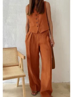 Online Women's Active Fashion Blouse Pants Sets Sleeveless V Neck Solid Color Dubbele Rij Knopen Vacation Casual Daily Black Orange Khaki Summer Regular Fit Women Two Piece Sets