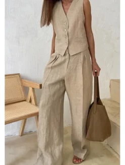 Online Women's Active Fashion Blouse Pants Sets Sleeveless V Neck Solid Color Dubbele Rij Knopen Vacation Casual Daily Black Orange Khaki Summer Regular Fit Women Two Piece Sets