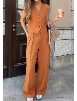 Online Women's Active Fashion Blouse Pants Sets Sleeveless V Neck Solid Color Dubbele Rij Knopen Vacation Casual Daily Black Orange Khaki Summer Regular Fit Women Two Piece Sets