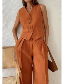 Online Women's Active Fashion Blouse Pants Sets Sleeveless V Neck Solid Color Dubbele Rij Knopen Vacation Casual Daily Black Orange Khaki Summer Regular Fit Women Two Piece Sets