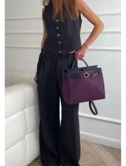 Online Women's Active Fashion Blouse Pants Sets Sleeveless V Neck Solid Color Dubbele Rij Knopen Vacation Casual Daily Black Orange Khaki Summer Regular Fit Women Two Piece Sets
