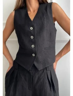 Online Women's Active Fashion Blouse Pants Sets Sleeveless V Neck Solid Color Dubbele Rij Knopen Vacation Casual Daily Black Orange Khaki Summer Regular Fit Women Two Piece Sets