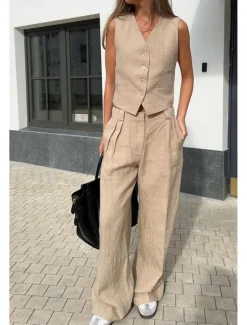 Online Women's Active Fashion Blouse Pants Sets Sleeveless V Neck Solid Color Dubbele Rij Knopen Vacation Casual Daily Black Orange Khaki Summer Regular Fit Women Two Piece Sets