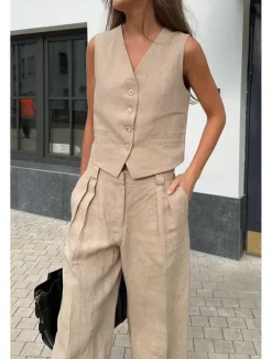 Online Women's Active Fashion Blouse Pants Sets Sleeveless V Neck Solid Color Dubbele Rij Knopen Vacation Casual Daily Black Orange Khaki Summer Regular Fit Women Two Piece Sets