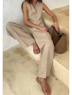 Online Women's Active Fashion Blouse Pants Sets Sleeveless V Neck Solid Color Dubbele Rij Knopen Vacation Casual Daily Black Orange Khaki Summer Regular Fit Women Two Piece Sets