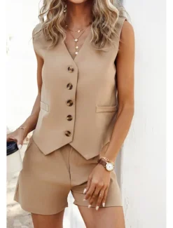 Sale Women's Active Streetwear Blouse Shorts Sets Sleeveless V Neck Solid Color Dubbele Rij Knopen Casual Daily Black Army Green Blue Summer Regular Fit Women Two Piece Sets