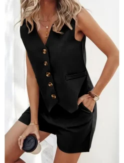Sale Women's Active Streetwear Blouse Shorts Sets Sleeveless V Neck Solid Color Dubbele Rij Knopen Casual Daily Black Army Green Blue Summer Regular Fit Women Two Piece Sets