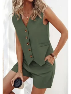 Sale Women's Active Streetwear Blouse Shorts Sets Sleeveless V Neck Solid Color Dubbele Rij Knopen Casual Daily Black Army Green Blue Summer Regular Fit Women Two Piece Sets