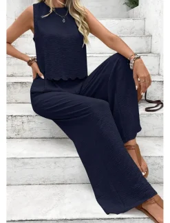 Outlet Women's Active Streetwear Blouse Pants Sets Sleeveless Crew Neck Solid Color Backless Going out Weekend Black Dark Navy Orange Summer Regular Fit Women Two Piece Sets