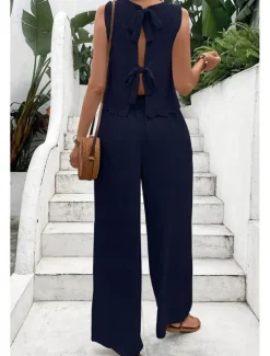 Outlet Women's Active Streetwear Blouse Pants Sets Sleeveless Crew Neck Solid Color Backless Going out Weekend Black Dark Navy Orange Summer Regular Fit Women Two Piece Sets
