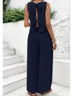 Outlet Women's Active Streetwear Blouse Pants Sets Sleeveless Crew Neck Solid Color Backless Going out Weekend Black Dark Navy Orange Summer Regular Fit Women Two Piece Sets