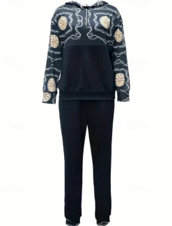 Hot Women's Active Streetwear Boho Tracksuit Pants Sets Sweatshirt Long Sleeve Hooded Graphic Print Sports Outdoor Casual Fall & Winter Regular Fit Women Boho Tops