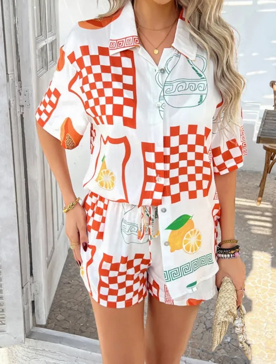 Discount Women's Active Vacation Shirt Shorts Sets Half Sleeve Shirt Collar Floral Geometric Color Block Print Casual Daily White Red Blue Summer Regular Fit Women Two Piece Sets