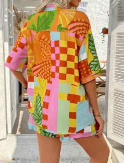 Discount Women's Active Vacation Shirt Shorts Sets Half Sleeve Shirt Collar Floral Geometric Color Block Print Casual Daily White Red Blue Summer Regular Fit Women Two Piece Sets