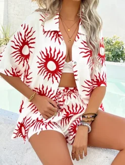 Discount Women's Active Vacation Shirt Shorts Sets Half Sleeve Shirt Collar Floral Geometric Color Block Print Casual Daily White Red Blue Summer Regular Fit Women Two Piece Sets