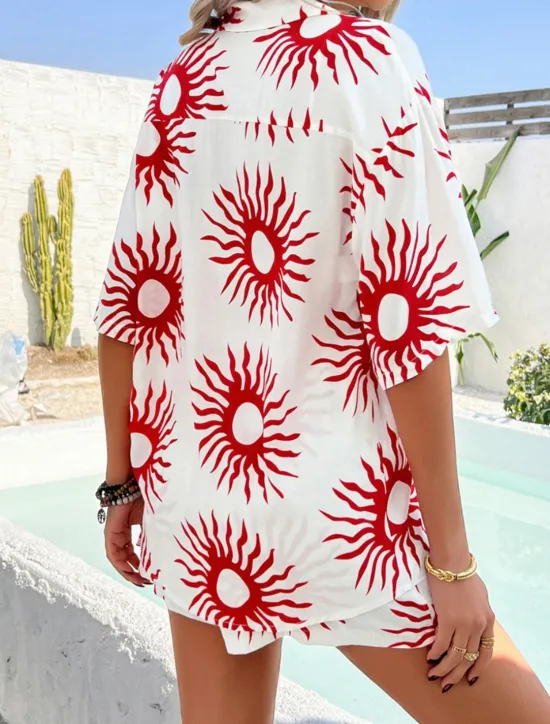 Discount Women's Active Vacation Shirt Shorts Sets Half Sleeve Shirt Collar Floral Geometric Color Block Print Casual Daily White Red Blue Summer Regular Fit Women Two Piece Sets