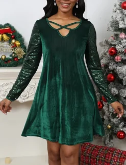 Outlet Women's A-Line Dress Pleated Sequin Detailing 3/4 Sleeve Keyhole Neckline Crisscross Accent Party Wear Comfort Fit Holiday Fashion Red Women Cocktail Dress