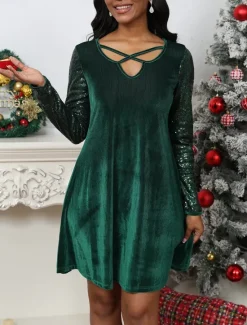 Outlet Women's A-Line Dress Pleated Sequin Detailing 3/4 Sleeve Keyhole Neckline Crisscross Accent Party Wear Comfort Fit Holiday Fashion Red Women Cocktail Dress