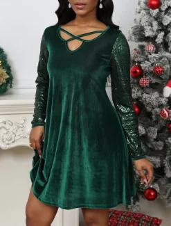 Outlet Women's A-Line Dress Pleated Sequin Detailing 3/4 Sleeve Keyhole Neckline Crisscross Accent Party Wear Comfort Fit Holiday Fashion Red Women Cocktail Dress