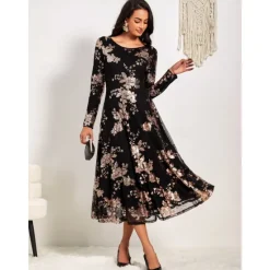 Clearance Women's A-Line Midi Dress Long Sleeve Sequins Floral Elegant Semi-Formal Sparkly Shimmer Skirt Round Neckline Wedding Party Theater Event Spring Fall Fashion Clothing Apparel S M L XL XXL Women Cocktail Dress