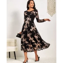 Clearance Women's A-Line Midi Dress Long Sleeve Sequins Floral Elegant Semi-Formal Sparkly Shimmer Skirt Round Neckline Wedding Party Theater Event Spring Fall Fashion Clothing Apparel S M L XL XXL Women Cocktail Dress