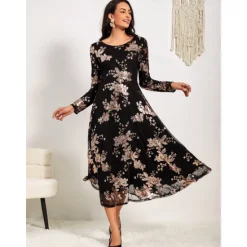 Clearance Women's A-Line Midi Dress Long Sleeve Sequins Floral Elegant Semi-Formal Sparkly Shimmer Skirt Round Neckline Wedding Party Theater Event Spring Fall Fashion Clothing Apparel S M L XL XXL Women Cocktail Dress