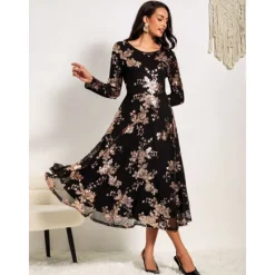 Clearance Women's A-Line Midi Dress Long Sleeve Sequins Floral Elegant Semi-Formal Sparkly Shimmer Skirt Round Neckline Wedding Party Theater Event Spring Fall Fashion Clothing Apparel S M L XL XXL Women Cocktail Dress