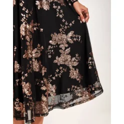 Clearance Women's A-Line Midi Dress Long Sleeve Sequins Floral Elegant Semi-Formal Sparkly Shimmer Skirt Round Neckline Wedding Party Theater Event Spring Fall Fashion Clothing Apparel S M L XL XXL Women Cocktail Dress