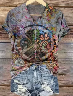 Best Women's Alzheimer's Disease Awareness T Shirt Floral Graphic Plants Bohemia Vintage Stylish Short Sleeve V Neck Regular Tops Daily Going out Weekend Print Black White Blue Purple Violet Summer Women T-Shirts
