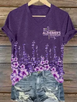 Best Women's Alzheimer's Disease Awareness T Shirt Floral Graphic Plants Bohemia Vintage Stylish Short Sleeve V Neck Regular Tops Daily Going out Weekend Print Black White Blue Purple Violet Summer Women T-Shirts