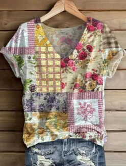Best Women's Alzheimer's Disease Awareness T Shirt Floral Graphic Plants Bohemia Vintage Stylish Short Sleeve V Neck Regular Tops Daily Going out Weekend Print Black White Blue Purple Violet Summer Women T-Shirts