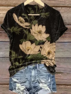 Best Women's Alzheimer's Disease Awareness T Shirt Floral Graphic Plants Bohemia Vintage Stylish Short Sleeve V Neck Regular Tops Daily Going out Weekend Print Black White Blue Purple Violet Summer Women T-Shirts