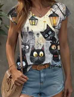 Online Women's Animal Cat Camisole Tank Top Vintage Tropical Stylish Sleeveless Short Sleeve V Neck Regular Tops Daily Print Summer Spring Women Tank Tops & Camis