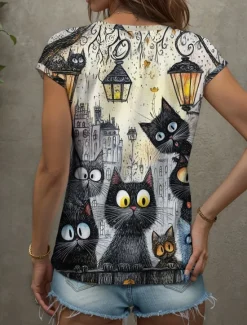 Online Women's Animal Cat Camisole Tank Top Vintage Tropical Stylish Sleeveless Short Sleeve V Neck Regular Tops Daily Print Summer Spring Women Tank Tops & Camis