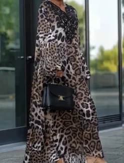 Sale Women's Animal V Neck Mini Dress Long Sleeve Spring Fall Women Casual Dress