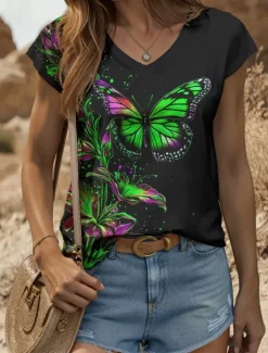 Best Women's Animals Camisole Tank Top Floral Graphic Butterfly Vintage Tropical Stylish Sleeveless Short Sleeve V Neck Regular Tops Daily Print Yellow Red Blue Purple Green Summer Spring Women Tank Tops & Camis