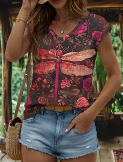 Women's Animals Camisole Tank Top Vintage Tropical Stylish Sleeveless Short Sleeve V Neck Regular Tops Daily Print Yellow Red Blue Purple Green Summer Spring Women T-Shirts|Tank Tops & Camis