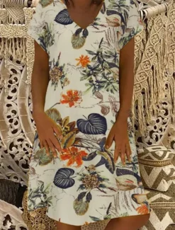 Sale Women's Summer Spring Midi Dress Cotton Linen Dresses Casual Dress Cotton Summer Dress Basic Classic Casual Outdoor Vacation Daily Loose Fit Floral Leaf V Neck Women Dresses