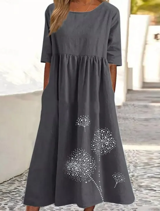 Discount Women's ArmyGreen Black Pink Summer Spring Fall Maxi Dress Cotton Linen Dresses Casual Dress Tunic Dress Basic Casual Mature Outdoor Vacation Daily Loose Fit Dandelion Crew Neck Women Dresses