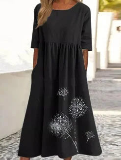 Discount Women's ArmyGreen Black Pink Summer Spring Fall Maxi Dress Cotton Linen Dresses Casual Dress Tunic Dress Basic Casual Mature Outdoor Vacation Daily Loose Fit Dandelion Crew Neck Women Dresses