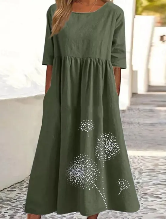 Discount Women's ArmyGreen Black Pink Summer Spring Fall Maxi Dress Cotton Linen Dresses Casual Dress Tunic Dress Basic Casual Mature Outdoor Vacation Daily Loose Fit Dandelion Crew Neck Women Dresses