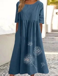 Discount Women's ArmyGreen Black Pink Summer Spring Fall Maxi Dress Cotton Linen Dresses Casual Dress Tunic Dress Basic Casual Mature Outdoor Vacation Daily Loose Fit Dandelion Crew Neck Women Dresses