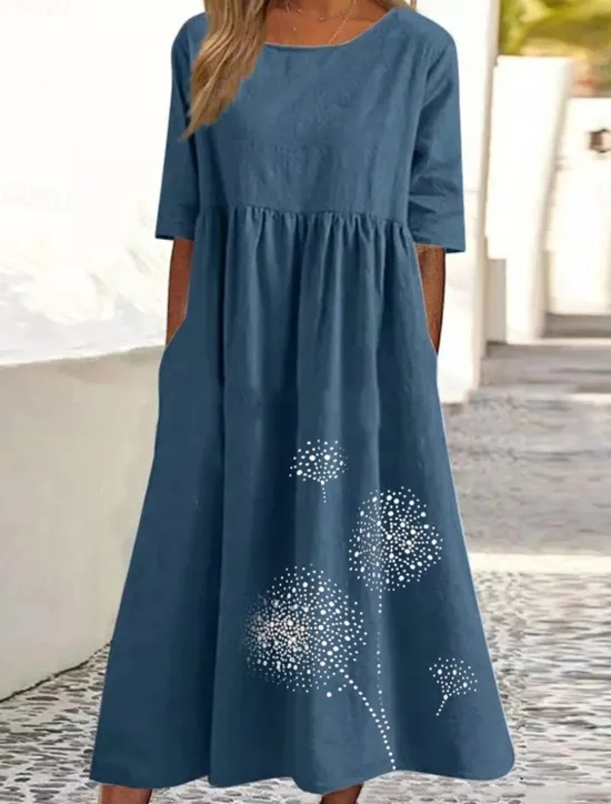 Discount Women's ArmyGreen Black Pink Summer Spring Fall Maxi Dress Cotton Linen Dresses Casual Dress Tunic Dress Basic Casual Mature Outdoor Vacation Daily Loose Fit Dandelion Crew Neck Women Dresses