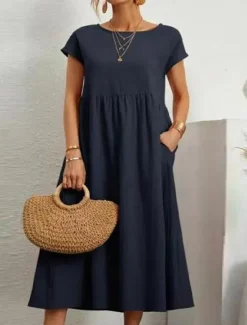 Sale Women's ArmyGreen Black White Summer Spring Midi Dress Cotton Linen Dresses Casual Dress Cotton Summer Dress Basic Classic Casual Outdoor Daily Loose Fit Plain Crew Neck Women Dresses
