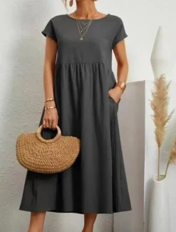 Sale Women's ArmyGreen Black White Summer Spring Midi Dress Cotton Linen Dresses Casual Dress Cotton Summer Dress Basic Classic Casual Outdoor Daily Loose Fit Plain Crew Neck Women Dresses