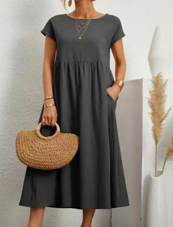 Sale Women's ArmyGreen Black White Summer Spring Midi Dress Cotton Linen Dresses Casual Dress Cotton Summer Dress Basic Classic Casual Outdoor Daily Loose Fit Plain Crew Neck Women Dresses