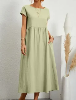 Sale Women's ArmyGreen Black White Summer Spring Midi Dress Cotton Linen Dresses Casual Dress Cotton Summer Dress Basic Classic Casual Outdoor Daily Loose Fit Plain Crew Neck Women Dresses